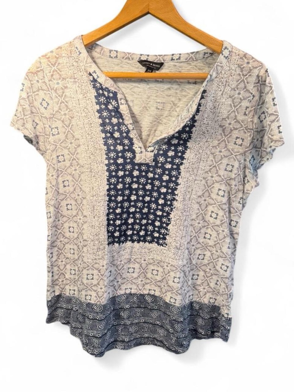 Lucky Brand Blue and Cream Floral Mix Short Sleeve Top